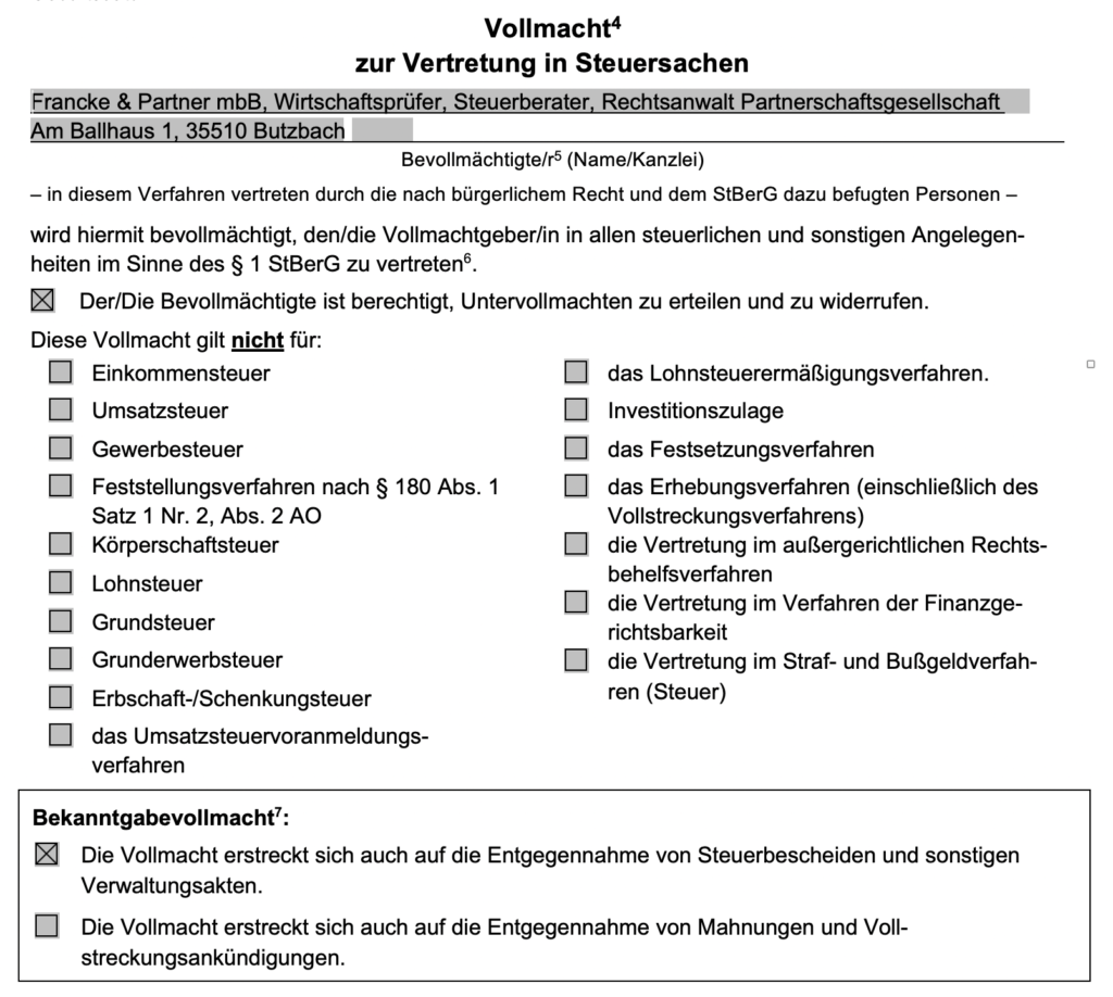Vorschau: Amtliche Vollmacht zur Vertretung in Steuersachen