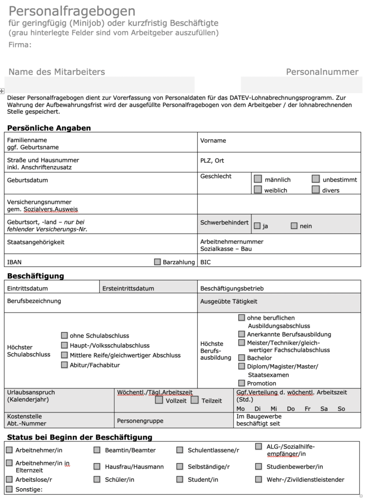 Vorschau: Minijob Personalfragebogen